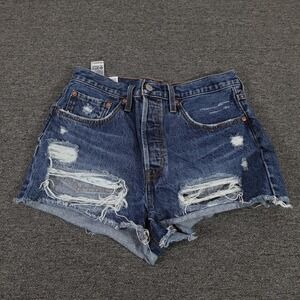 Levis 501 Shorts Womens 30 Blue Denim High Rise Button Fly Distressed Cutoff